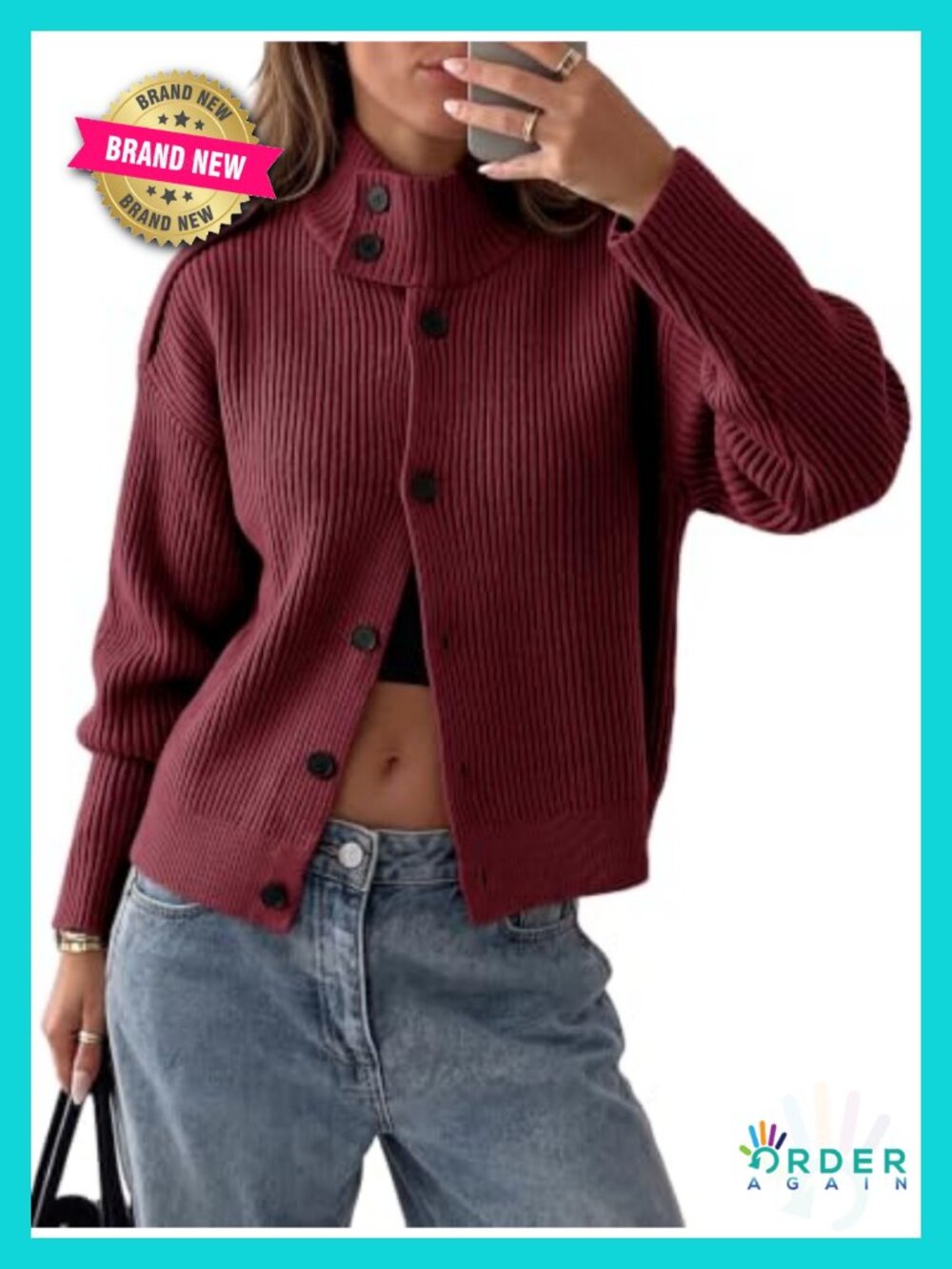 Chunky Knit Button Cardigan Sweater Mock Neck Long Sleeve Ribbed Knit